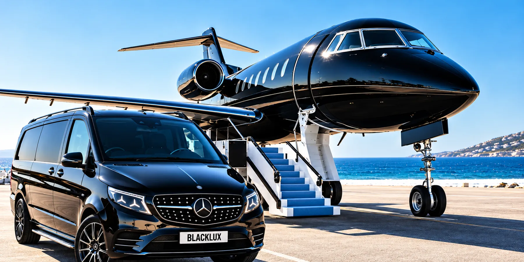 Un van Blacklux accanto a un jet privato sul piazzale