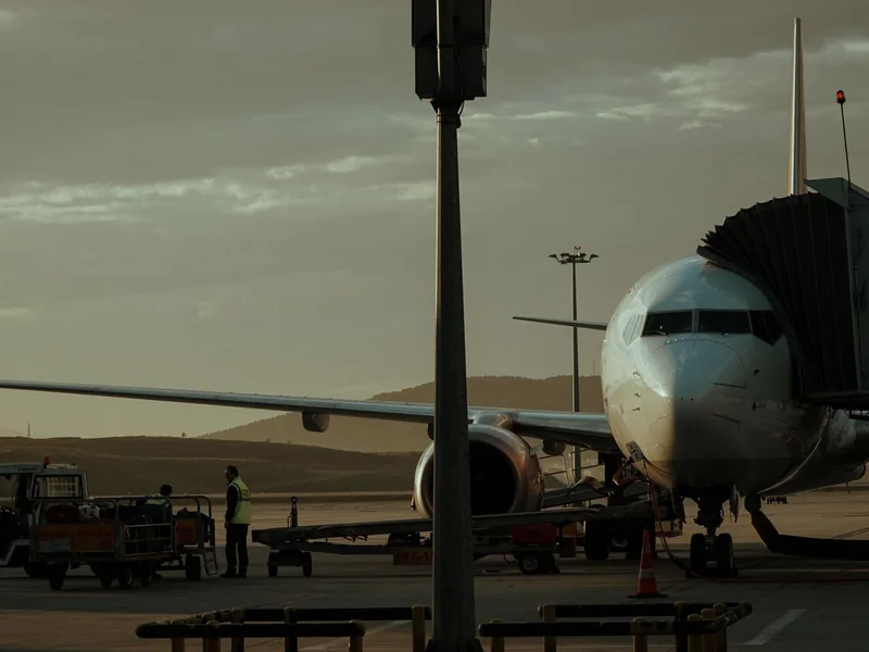 An airliner parked at the gate at dusk