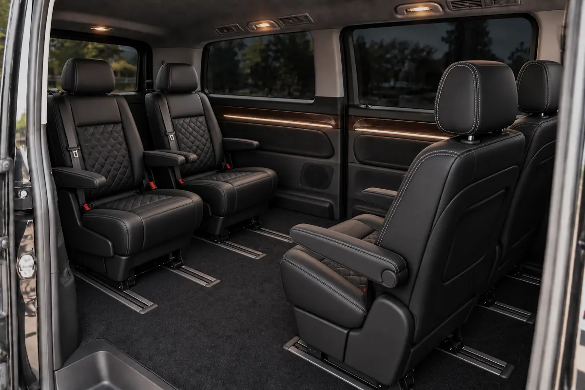 Inside a Mercedes V-Class with four facing seats